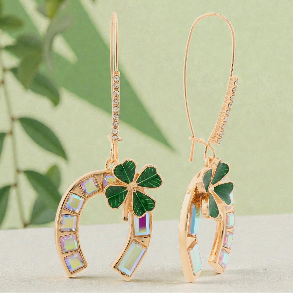 NEW Betsey Johnson Elegant Earrings with Lucky Horseshoe Clover & Stones  NWT - Picture 2 of 6